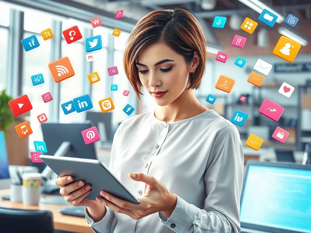 A social media manager analyzing data on a tablet with floating social media icons around her.