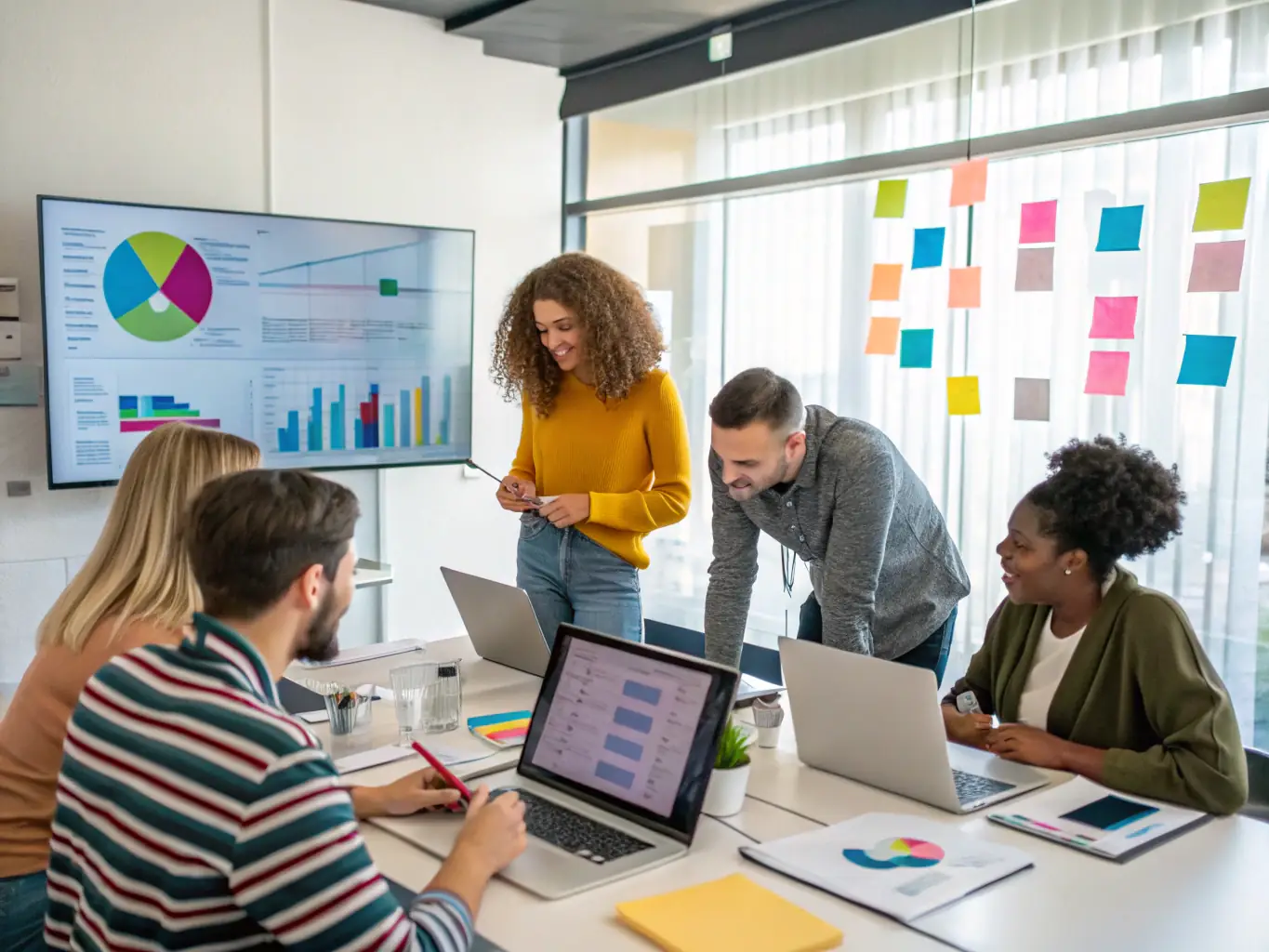 A team of digital marketers working on laptops in an office.