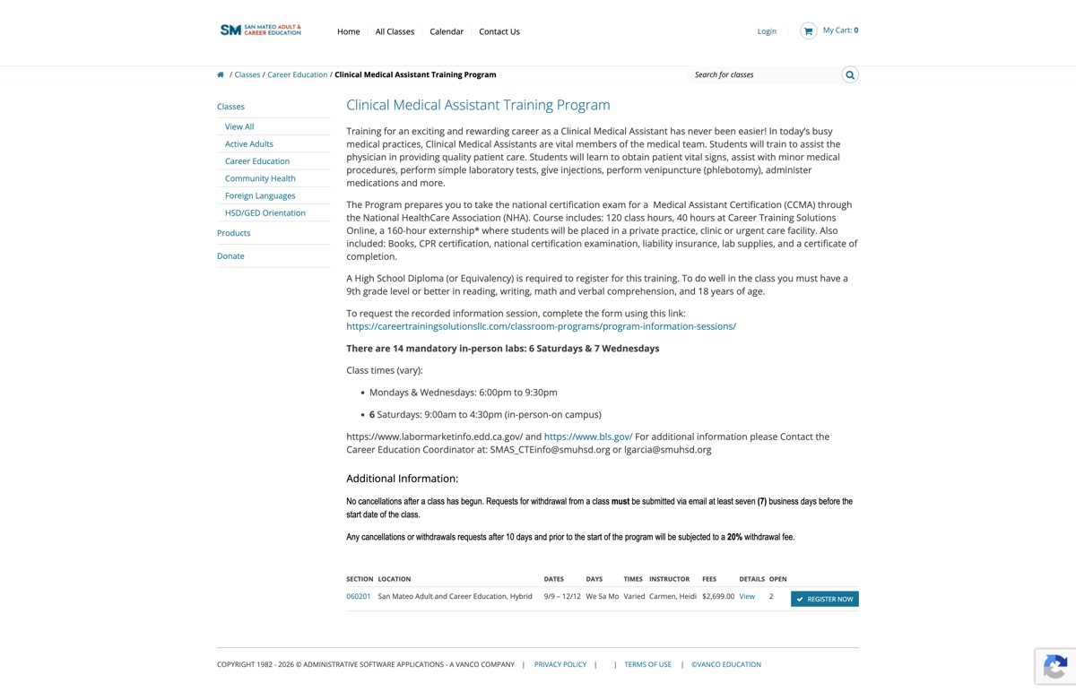 Clinical Medical Assistant class shown in ASAP&rsquo;s default registration site