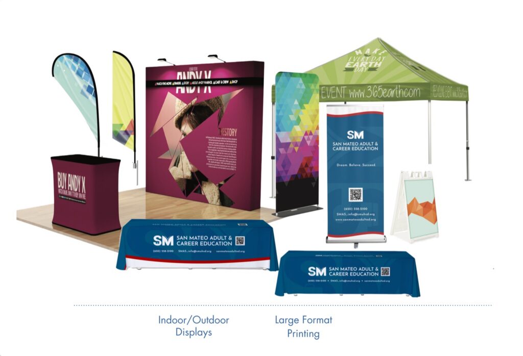 A coordinated school display suite — flags, tents, banner stands and table throws