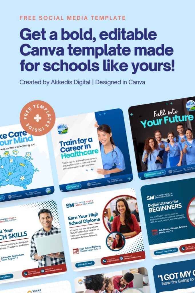 Free editable Canva social media templates for adult schools by Akkedis Digital