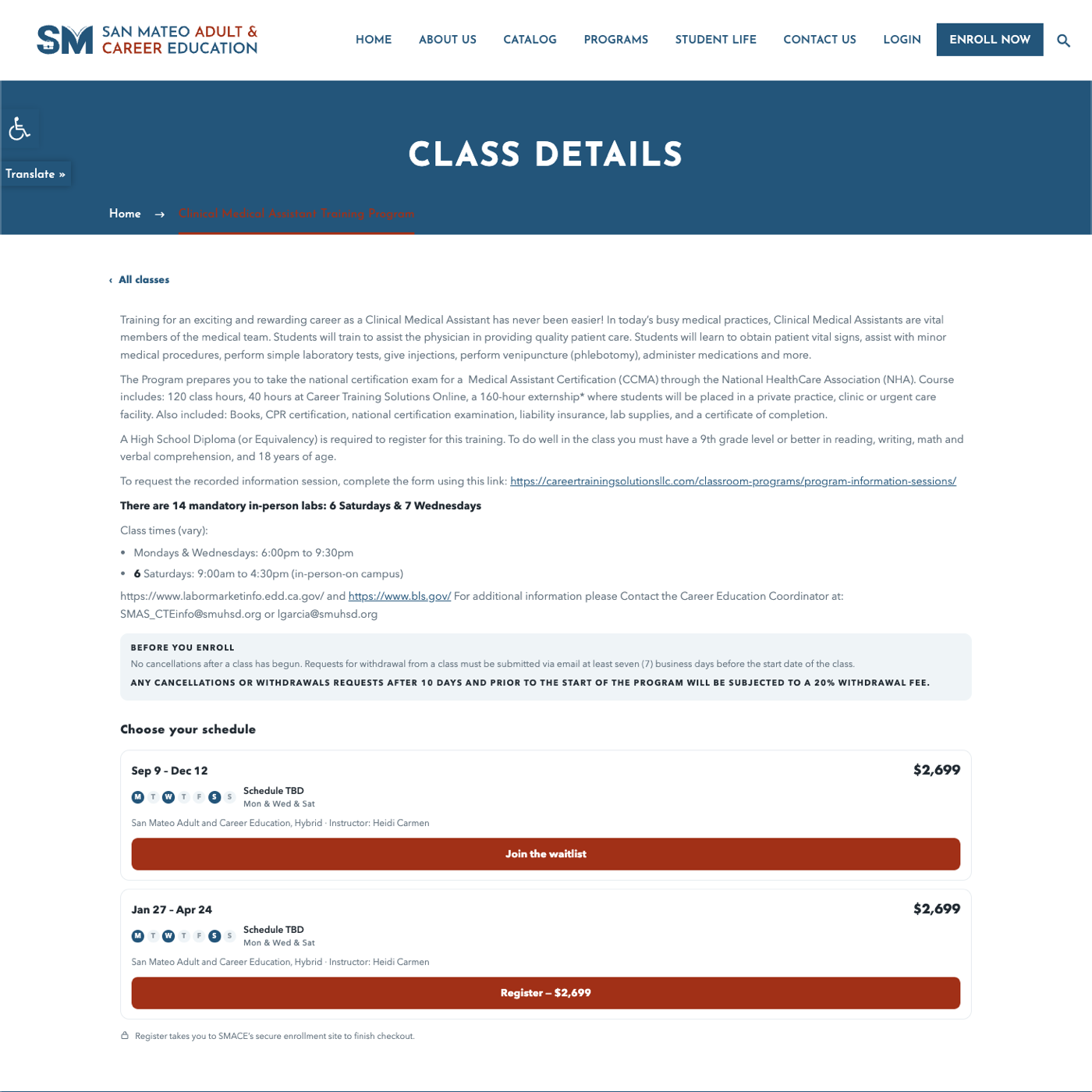The same class on the San Mateo Adult & Career Education website, rendered by Canopy ASAP